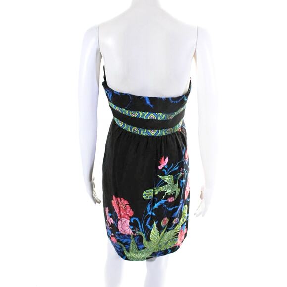 Tibi Palm Beach Floral Garden Peacock Print 100% Silk Black Strapless Dress 8 - Picture 4 of 8